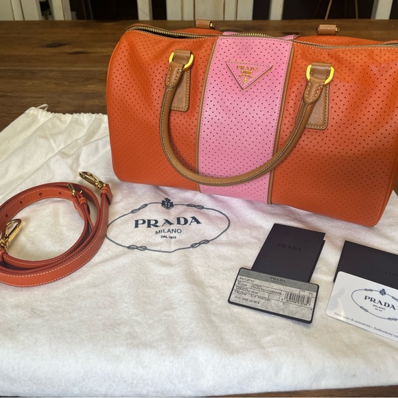 PRADA Boston Papaya Caramel Pink Saffiano Fori Perforated Satchel - Picture 11 of 13